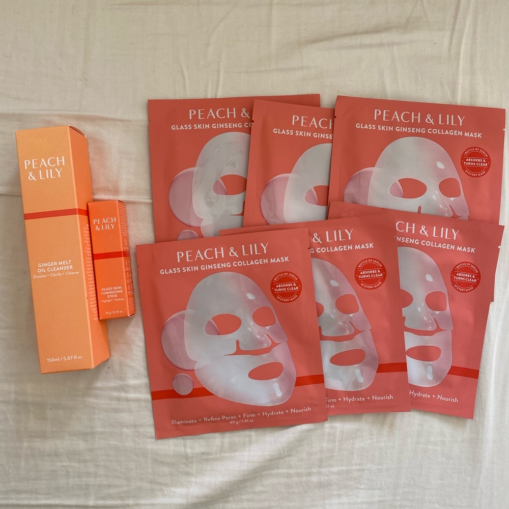 Peach & Lily bundle: cleanser, glass skin luminizing stick and sheet masks NWB